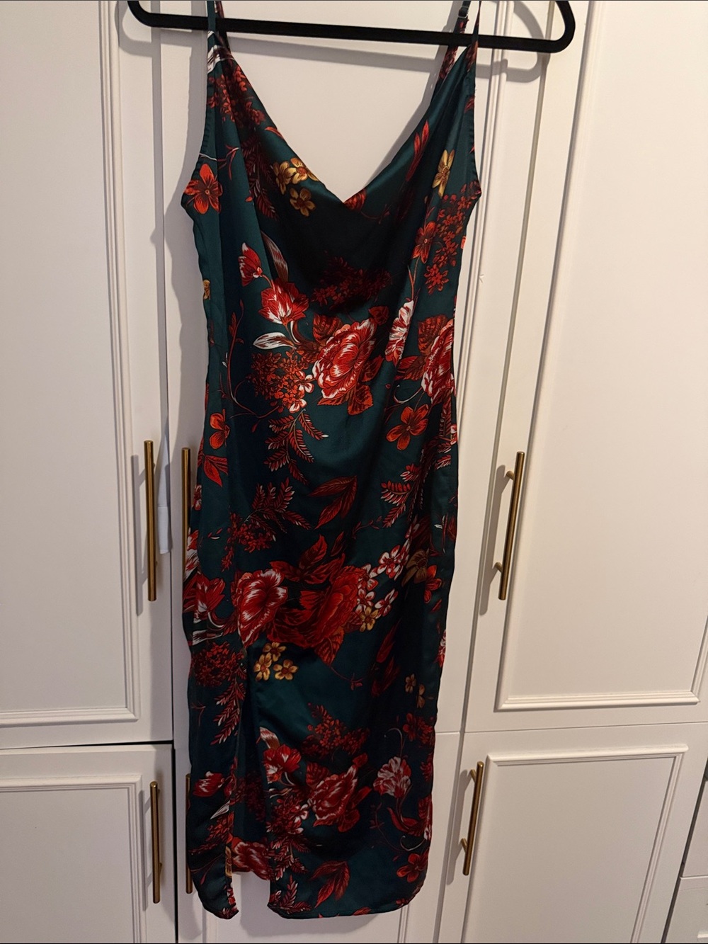 #9- $10 PrettyLittleThing Teal Slip Midi Dress with Red Floral Print